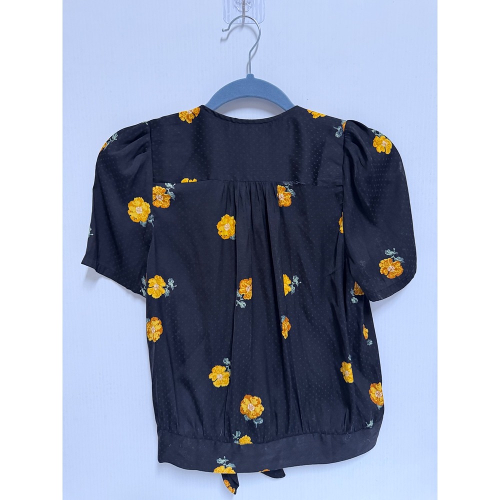 Madewell Black Floral Jacquard Tie Front Wrap Top Puff Sleeve XS Yellow Flowers - Picture 2 of 4